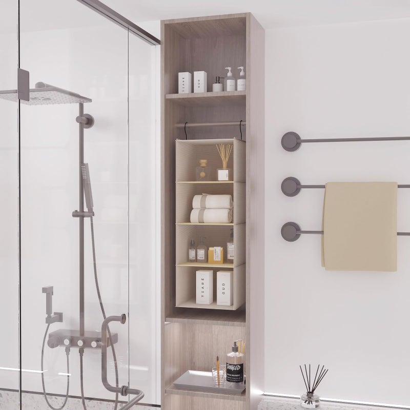 DonYeco Hanging Closet Organizer and Storage, Foldable 4-Shelf Wardrobe Clothes Shelves Organizer, Imitation Linen Fabric, Beige Houndstooth - Image 3